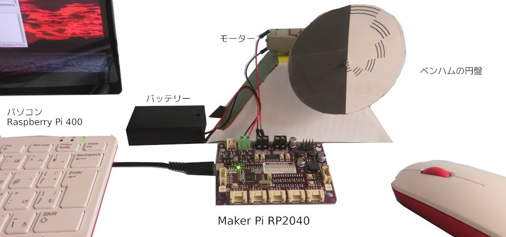 Maker pi RP2040および円盤を回す装置（モーター、台座、ベンハムの円盤）